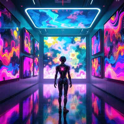 The primary subject of the image is a robot, which is standing in a room with a futuristic and colorful atmosphere. The room is filled with various screens and paintings, creating a visually striking environment. The robot appears to be the main focus of the scene, and its presence adds a sense of intrigue and technology to the overall setting.